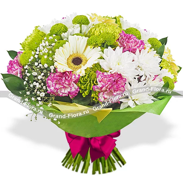 Зеленая долина - букет из гербер, хризантемы и гвоздики